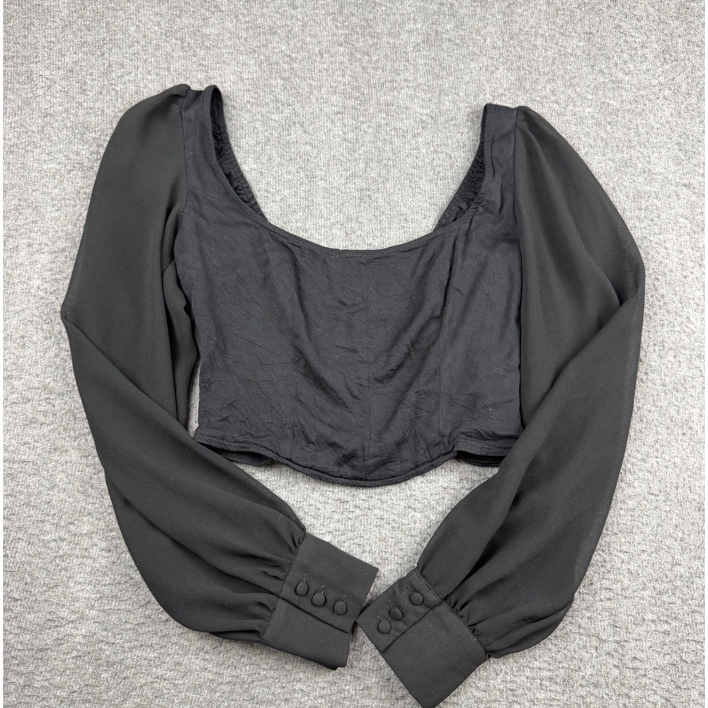 Urban Outfitters Women's XS Black Corset Crop Top Long Sheer Sleeve Smocked Back